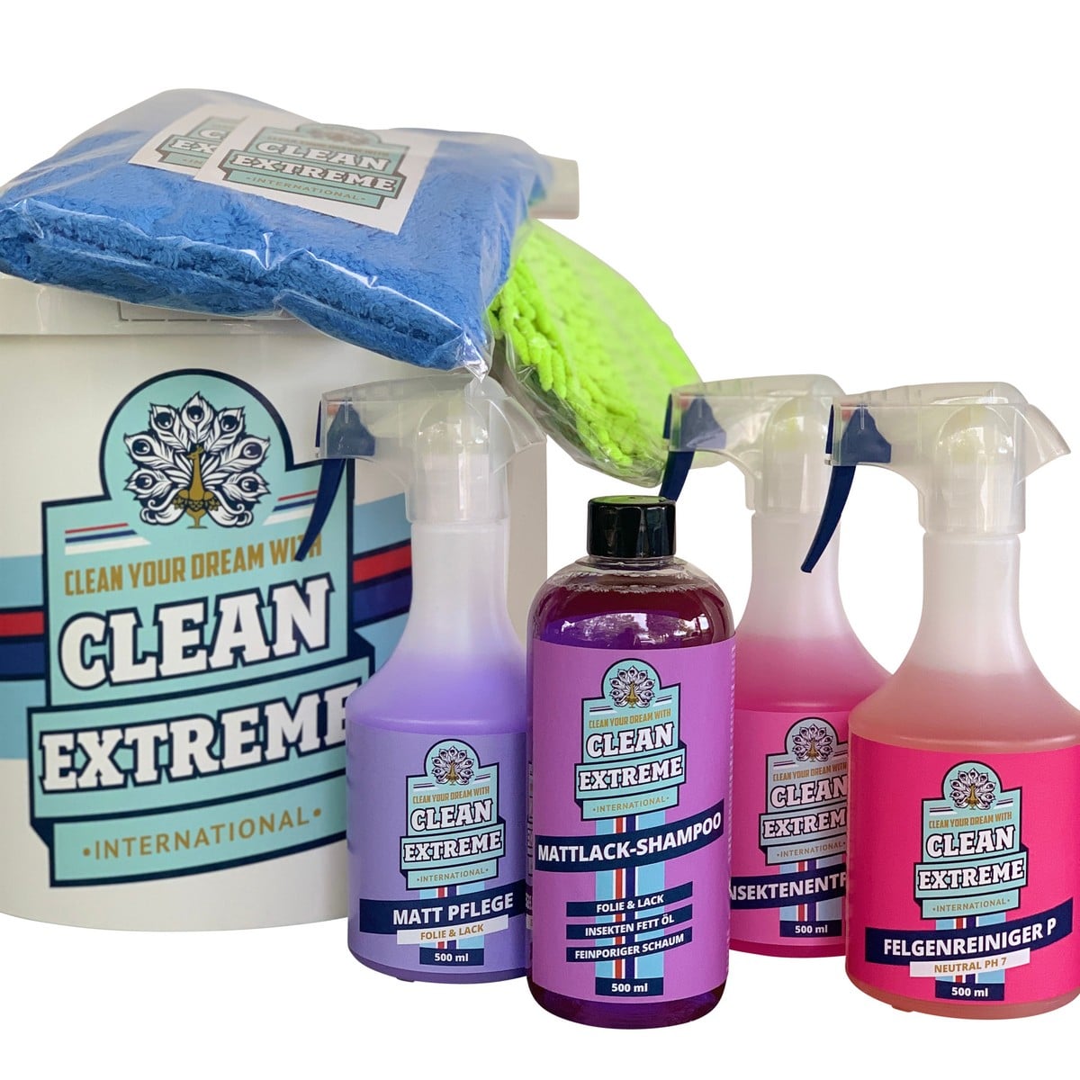 CLEANEXTREME-Auto-wasch-waesche-set-Eimer-handschuh-mattlack-pflege-shampoo-felgenreiniger-insektenentfernerdetailer-spuehwachs-folie-l